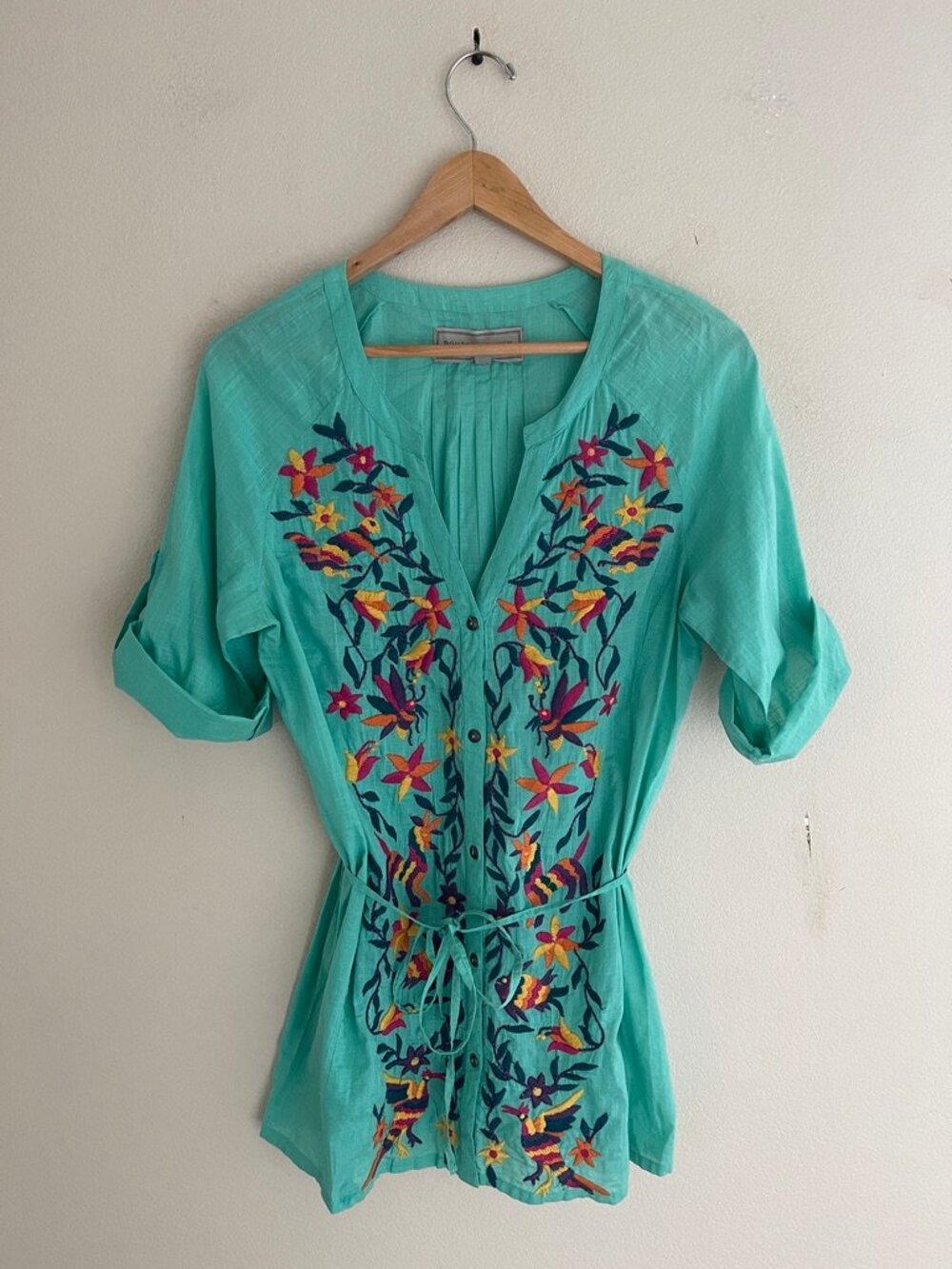 DOUBLE D RANCH Nature Embroidered Turquoise Tie-Front Tunic: Size Small; NWOT!!
